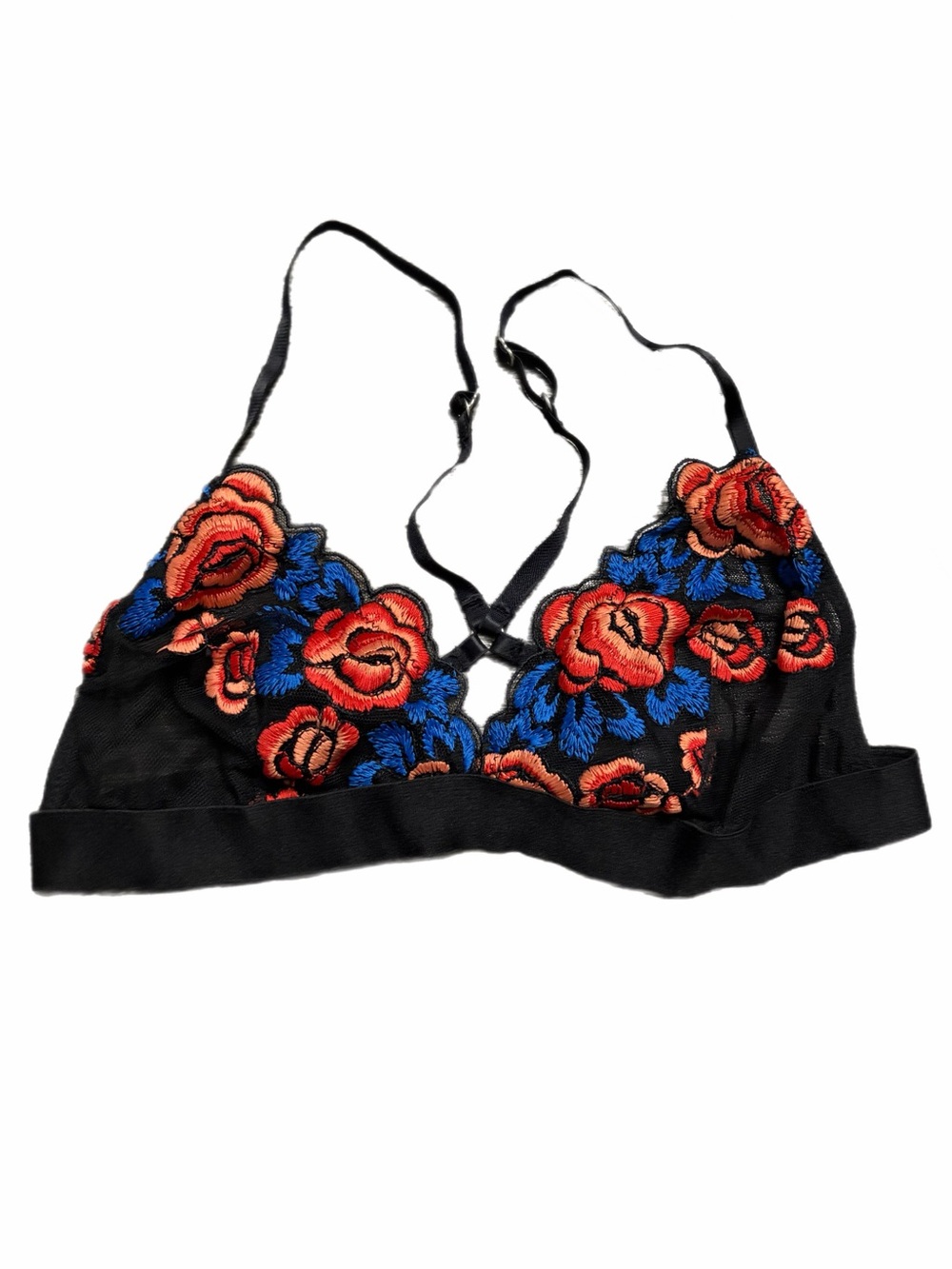Y2K European Vintage Embroidered Floral Crossback Bralette (Black/Multi) Size M